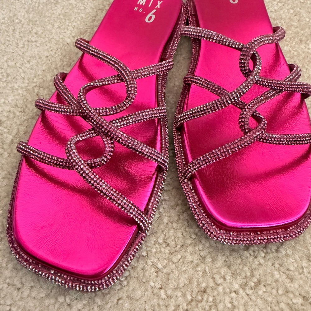 Mix No. 6 Womens 9M Metallic Fuchsia Rhinestone Strappy Square Toe Slide Sandals - Picture 4 of 10